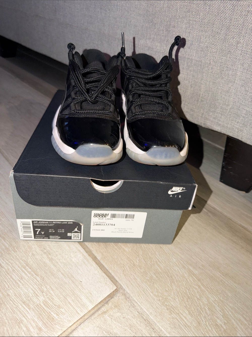 Air Jordan 11 Nike Kids Black Patent-Look Low Top Sneakers with White Soles
